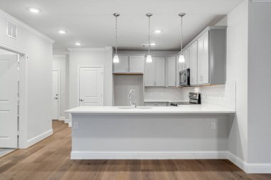Yeni evdeki modern mutfak, 3D renderig