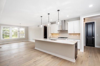 Modern evde yeni mutfak tasarımı. 3d oluşturma