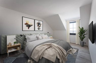 Yatak odasının modern, parlak iç tasarımı. 3d oluşturma