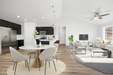 Modern oturma odasının içinde kanepe var. 3d oluşturma