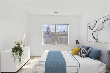 Modern yatak odası tasarımı. 3D iç tasarım kavramı