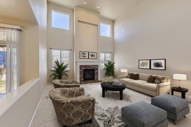 Modern tasarımı olan bir oturma odası. 3d oluşturma