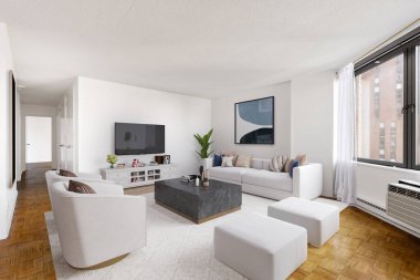 Modern oturma odasının içinde kanepe var. 3d oluşturma