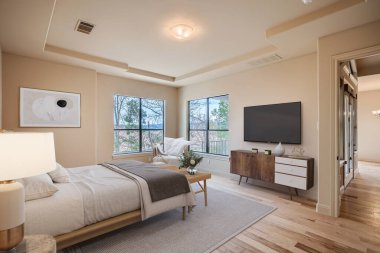 Yatak odasının modern, parlak iç tasarımı. 3d oluşturma