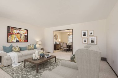 Güzel ve rahat oturma odası iç tasarımı. 3d oluşturma