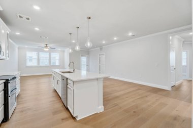 Yeni evdeki modern mutfak, 3D renderig