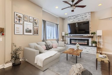 Şömineli güzel bir oturma odası. 3d oluşturma