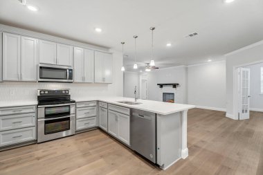 Yeni evdeki modern mutfak, 3D renderig