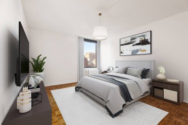 Yatak odasının modern, parlak iç tasarımı. 3d oluşturma