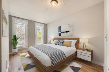 Yatak odasının modern, parlak iç tasarımı. 3d oluşturma