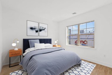 Yatak odasının modern, parlak iç tasarımı. 3d oluşturma