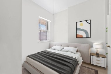 Yatak odasının modern, parlak iç tasarımı. 3d oluşturma