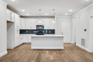 Yeni evdeki modern mutfak, 3D renderig