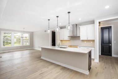 Modern evde yeni mutfak tasarımı. 3d oluşturma