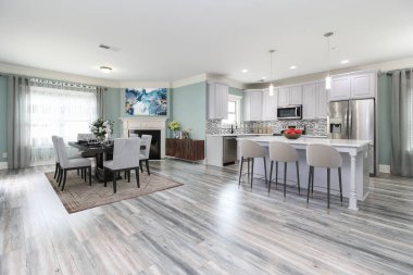 Geniş Konağın içindeki şık mobilyalarla lüks ve parlak mutfak iç dekorasyonu. Modern İç Mimarlık ve Tasarım Konsepti. ABD