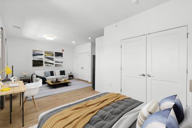 Yatak odasının modern, parlak iç tasarımı. 3d oluşturma