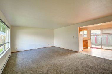 Boş ve mobilyasız yeni bir daire, beyaz duvarlı büyük boş bir yatak odası, büyük parlak pencereler. İçeride kimse yok. ABD