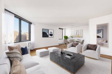 Ahşap elementlerle dolu lüks malikanenin geniş oturma odası. Modern Konak İçi Yeni Mobilya Tasarımı Konut Konutu. Florida, ABD