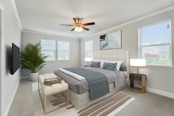 Luxus Fényes Hálószoba Kényelmes King Size Bed Modern Furniture Sablon — Stock Fotó