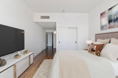 Modern evdeki rahat yatak odasının 3D görüntüsü