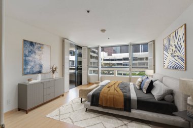 Modern evdeki rahat yatak odasının 3D görüntüsü