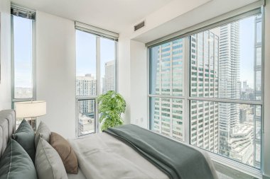 Modern evdeki rahat yatak odasının 3D görüntüsü