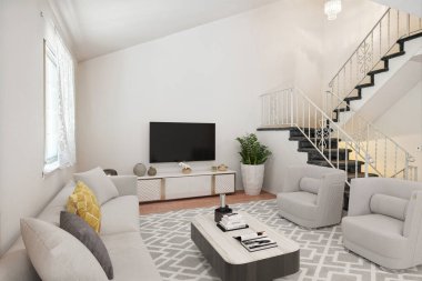 Güzel bir tasarıma sahip rahat odanın 3D görüntüsü