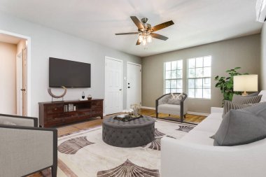 Kanepeli modern oturma odası. 3d oluşturma 