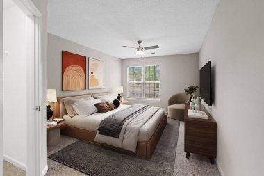 Modern evdeki rahat yatak odasının 3D görüntüsü