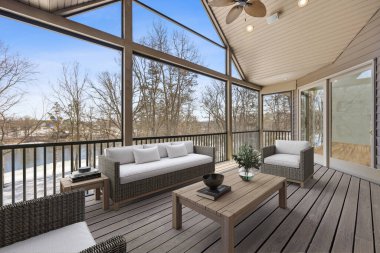 Güzel terası olan modern bir ev. 3d oluşturma