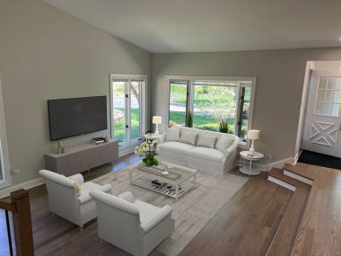 Kanepeli modern oturma odası. 3d oluşturma 