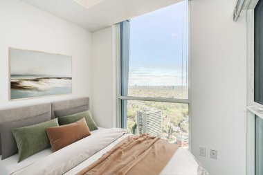 Modern evdeki rahat yatak odasının 3D görüntüsü