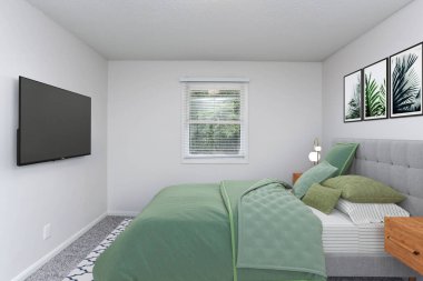 Modern evdeki rahat yatak odasının 3D görüntüsü