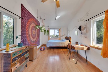 Modern evdeki rahat yatak odasının 3D görüntüsü