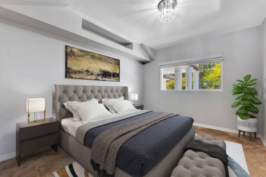 Modern evdeki rahat yatak odasının 3D görüntüsü