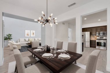 Güzel evdeki yemek odasının 3 boyutlu iç tasarımı