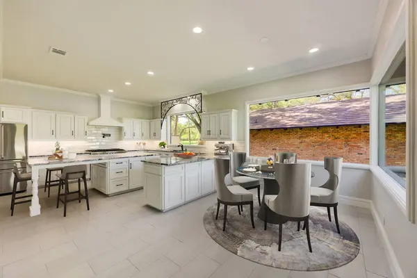 Güzel evdeki yemek odasının 3 boyutlu iç tasarımı