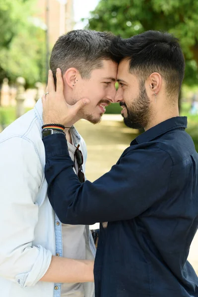 Boční Pohled Milující Mladý Gayové Pár Ležérní Košile Úsměvem Při — Stock fotografie