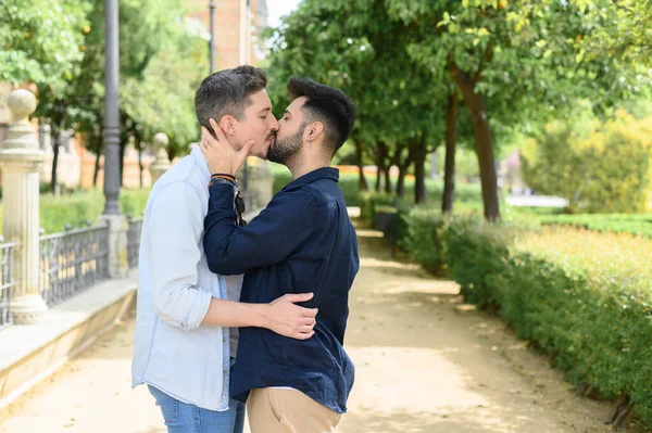 Boční Pohled Homosexuálního Homosexuálního Páru Neformálním Oblečení Objímající Líbající Navzájem — Stock fotografie