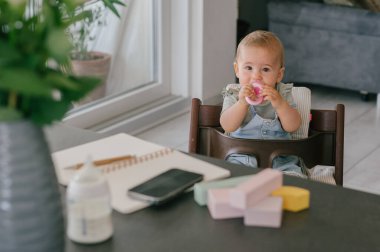 Sevimli küçük bebek koltukta oturup evde plastik oyuncakla oynarken kameraya bakıyor.