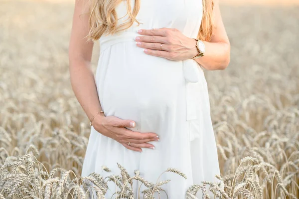 Anonymous Expecting Female White Dress Touching Tummy Hands While Standing — Stock Photo, Image