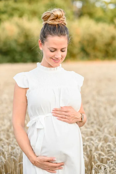 Smiling Young Prenatal Female White Dress Looking While Touching Baby — Stock Photo, Image