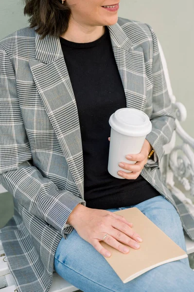 Crop Unrecognizable Female Casual Clothes Sitting Bench Cup Hot Drink — Stock Photo, Image