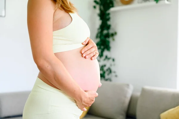 Side View Crop Unrecognizable Pregnant Female Sportswear Standing Living Room — Stock Photo, Image