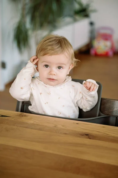 Baby Meisje Draagt Gebreide Trui Zittend Kinderstoel Voelt Zich Hongerig — Stockfoto