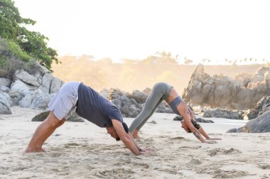 Spor kıyafetleri içinde çıplak ayaklı bir erkek ve kadının spor eğitimi sırasında kumlu sahilde şınav çekerken tüm vücudu.