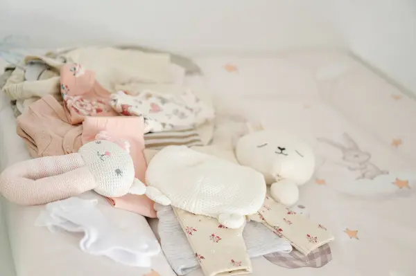 Still Life Photo New Baby Clothes Toys Bed — Stock Photo, Image