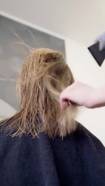 Крупним Планом Вид Ззаду Молодої Перукарні Працює Волоссям Клієнта Фену — стокове відео
