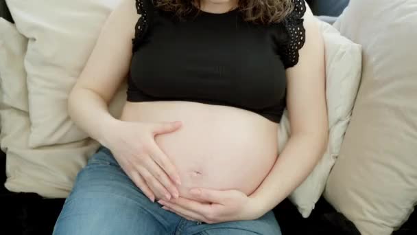 彼女の腹に触れた幸せな妊婦の垂直写真とソファーに座っている超音波を見て 妊娠コンセプト — ストック動画