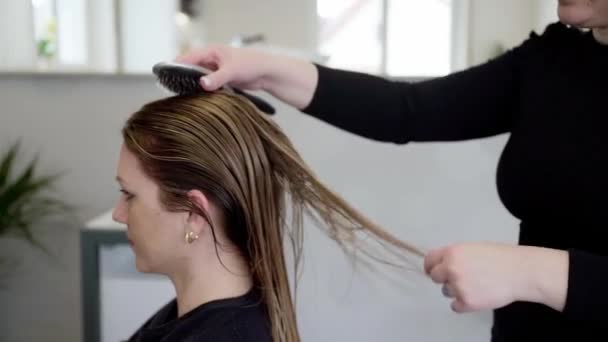 Powolny Ruch Młodej Kobiety Ubierającej Włosy Salon Fryzjerski Fryzjer Szczotkujący — Wideo stockowe